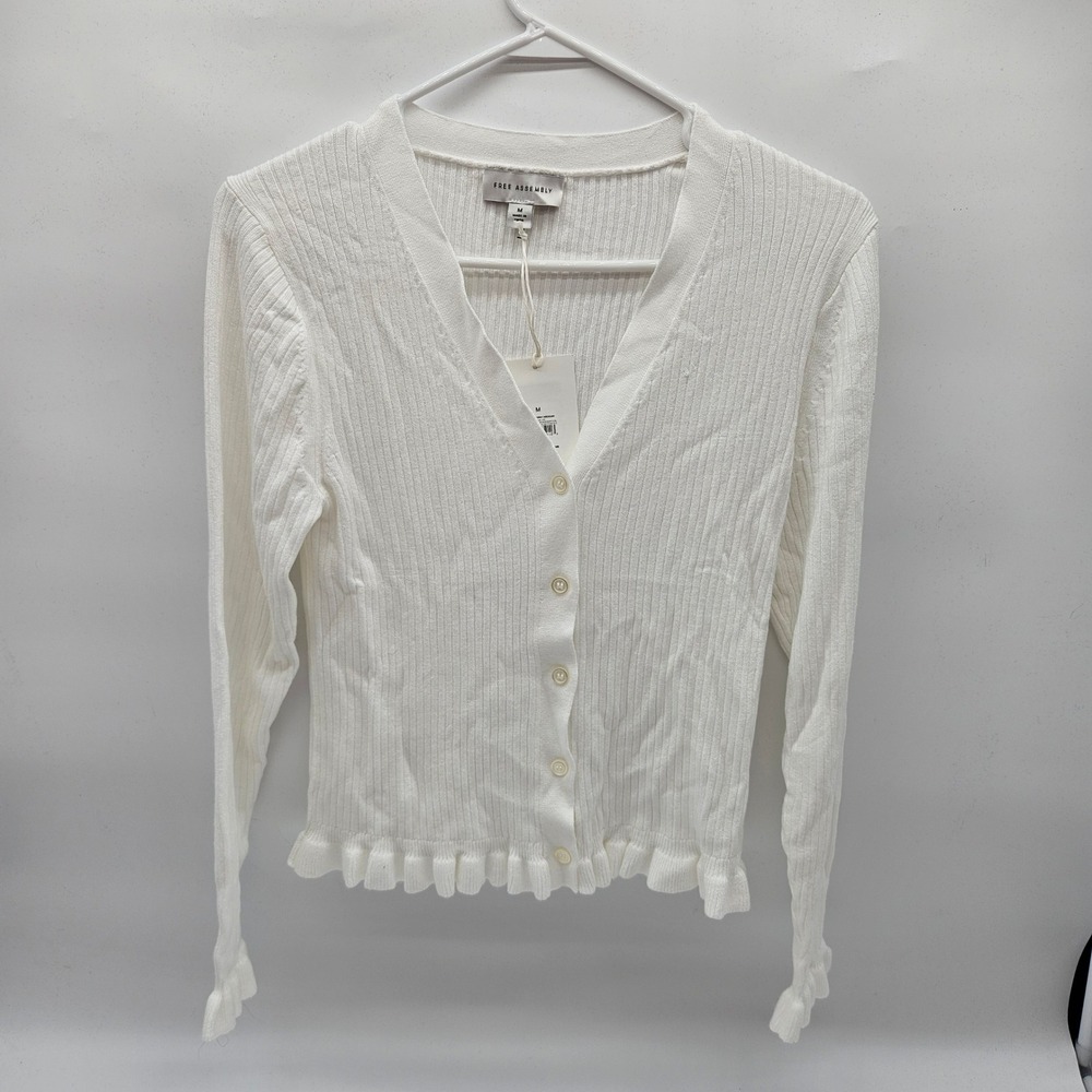 Free Assembly Women's Cream Ribbed Ruffle Hem Cardigan Sweater‎ M